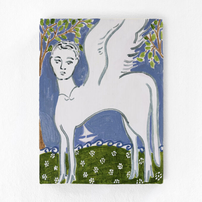 Jacques Merle, Créature pensive, 2026, acrilico e olio su tavola, 20x15 cm