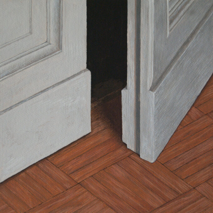 Giuseppe Sciortino, Porta socchiusa, 2023, tempera su carta, 13x13 cm